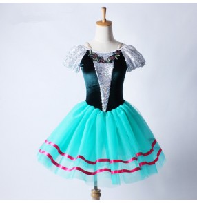 Turquoise blue green velvet girls kids children sequins stage performance competition ballet  leotards tutu skirt dance  dresses outfits costumes